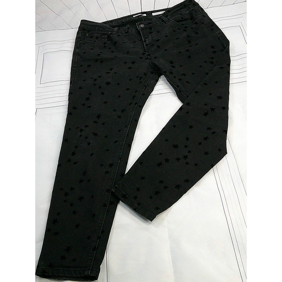KENSIE Black W/Black Embossed Velvet Stars Ankle Mid Rise Skinny Jeans-Womens 14 - Picture 1 of 11